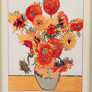 Zonnebloemen in getelde kruissteek, 'Vincent Van Gogh's Sunflowers', meesterwerk, een eerbetoon aan de klassiekers, kleurenkaarten van Patricia Hall