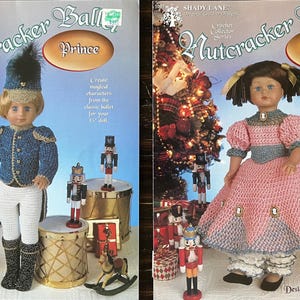 May include: Two crochet pattern covers from the Shady Lane Crochet Collector Series. One features a doll dressed as Prince in a blue jacket and white pants. The other shows a doll as Clara in a pink dress. Both patterns are for 15" dolls.