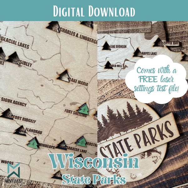 Wisconsin State Parks Map Visit Tracking - Digital Files: svg, png, jpeg, lbrn2. Cricut, Lightburn, silhouette, laser, hiking, explore