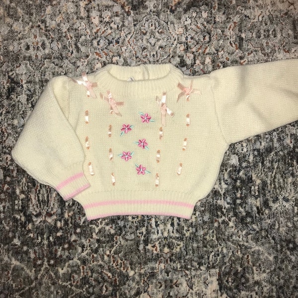 Vintage Baby Bow Floral Sweater 3/6 Mos, 80s Baby Pullover Sweater