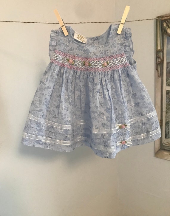 Vintage Baby Girl Blue Dress, Smocked Baby Dress, 