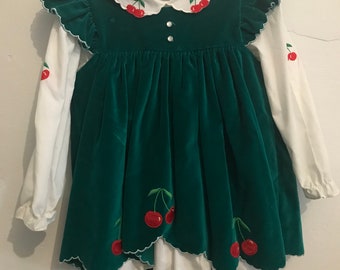 Vintage Baby Togs Toddler Girl Green Velvet Cherry Dress 90s 4T