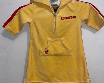 Vintage Rocawear Toddler Girl’s Velour Hoodie Dress 3T Y2K, Rocawear Dress, Y2K Toddler Yellow and Red Velour Dress