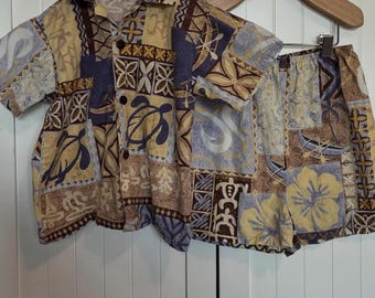 Vintage Toddler Hawaiian 2 Piece Outfit, Button Down Shirt and Shorts, 100% Cotton, 3T