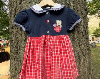 Vintage Teddy Bear Embroidered Toddler Girls Navy Blue Red Collared dress, 18 mos