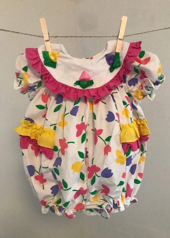 Vintage 80s Baby Floral Bubble Romper, Bright and Colorful Tulip Bubble Romper 3-6 Mos, Butterfly Bubble Romper