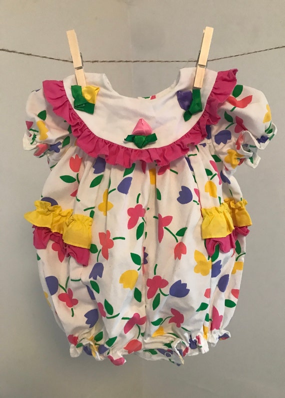 Vintage 80s Baby Floral Bubble Romper, Retro Brigh