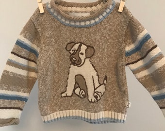 Vintage Baby Pullover Knit Sweater, Toddler Embroidered Beige Dog Sweater