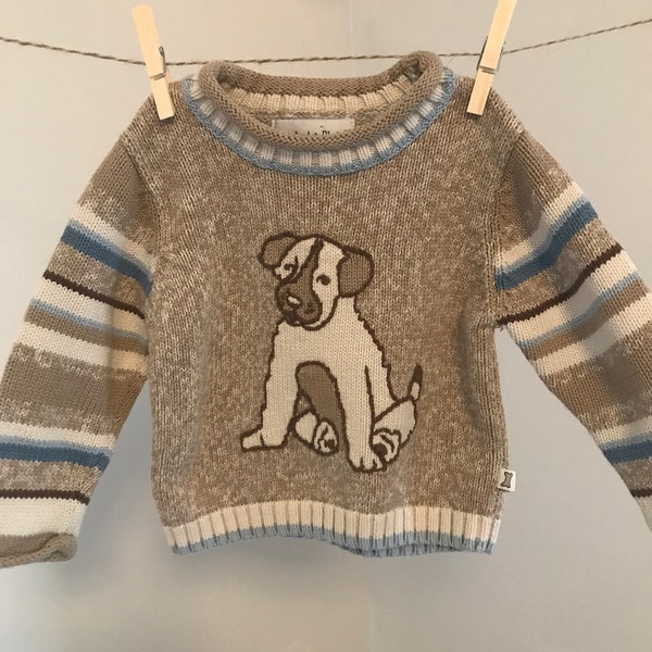 Vintage Baby Pullover Knit Sweater, Vintage Toddler Embroidered Beige Dog Sweater, Striped Sleeve Puppy Baby Sweatshirt