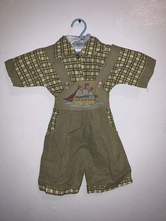 Vintage Baby Infant Green Overall Shorts 2 Piece S