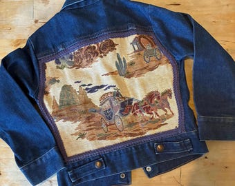 Vintage 1980s Wrangler Toddler Kids Cowboy Western Horse Tapestry Denim Jacket RARE