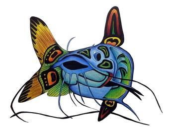 Haida Fish Artwork Catfish Fine Art Print Colorful Animal Art by Canadian Artist Cat Fish Art Wall Decor for Cabin or Lodge