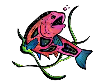 Haida Fish Artwork Catfish Fine Art Print Colorful Animal Art by Canadian Artist Cat Fish Art Wall Decor for Cabin or Lodge