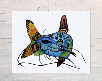 Haida Fish Artwork Catfish Fine Art Print Colorful Animal Art by Canadian Artist Cat Fish Art Wall Decor for Cabin or Lodge