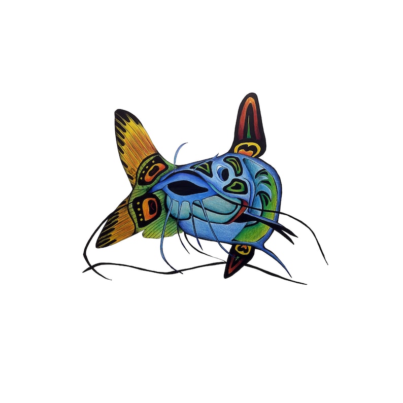 Haida Fish Artwork Catfish Fine Art Print Colorful Animal Art by Canadian Artist Cat Fish Art Wall Decor for Cabin or Lodge