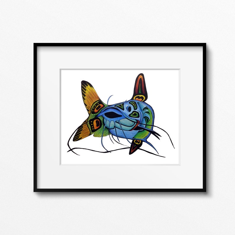 Haida Fish Artwork Catfish Fine Art Print Colorful Animal Art by Canadian Artist Cat Fish Art Wall Decor for Cabin or Lodge