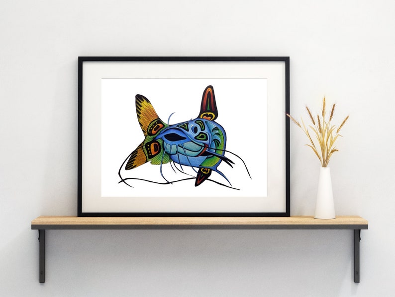 Haida Fish Artwork Catfish Fine Art Print Colorful Animal Art by Canadian Artist Cat Fish Art Wall Decor for Cabin or Lodge