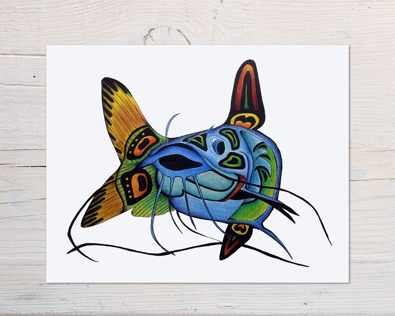 Haida Fish Artwork Catfish Fine Art Print Colorful Animal Art by Canadian Artist Cat Fish Art Wall Decor for Cabin or Lodge