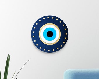 Blue Evil Eye Wall Hanging Art w/ gold mirror accents Home Office Decor - Acrylic Modern Housewarming Gift - Custom Assembled by Hand