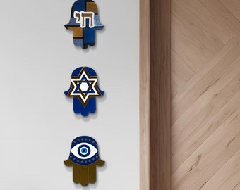 Hamsa Wall Hanging Set of 3 with Chai Hebrew Word, Star of David and Evil Eye Judaica Home Gift - Custom Assembled by Hand