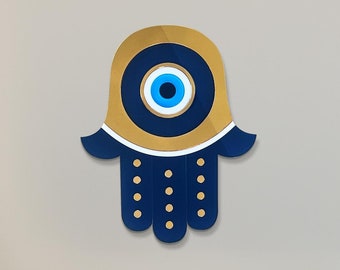 Hamsa Hand with Evil Eye, Blue Acrylic Wall Decor with Gold Mirrored pieces Custom Assembled by Hand-Judaica Housewarming gift