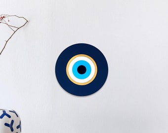 Blue Evil Eye Wall Hanging Art w/ gold mirror accent Home Office Decor - Acrylic Modern Housewarming Gift - Custom Assembled by Hand