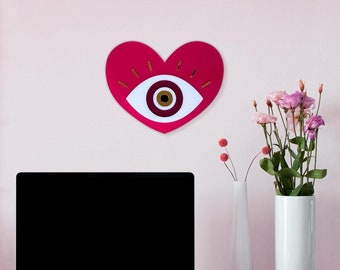 Evil Eye Heart Wall Hanging Decor- Colored Acrylic and Gold Mirror pieces, Custom Assembled by Hand - Judaica Housewarming gifts