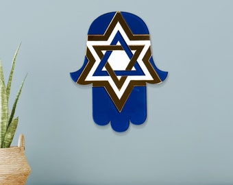 Hamsa Hand with Star of David Acrylic Wall Decor with Gold Mirrored pieces Custom made Assembled by Hand - Judaica Home Housewarming gift