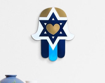 Hamsa Hand with Star of David & Heart, Blue Acrylic Wall Decor with Gold Mirrored pieces Custom Assembled by Hand-Judaica Housewarming gift