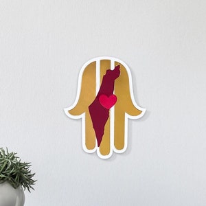 Hamsa Hand mit Israel Map & Heart, Weiß, Pink und Gold Spiegel Acryl-Wand-Dekor-Gewohnheit von Hand zusammengebaut - Jejuda Housewarminggeschenk
