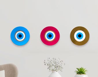 Set of 3 Evil Eye in Light Blue, Pink and Gold Mirror, Gallery Wall Hangings Art Home & Office Decor - Modern Judaica Housewarming Gifts