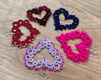 Heart Earrings - Handmade Tatting Crochet Lace in multiple colors