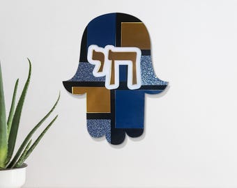 Hamsa Hand Wall Hanging with Chai Judaica Home Gift - Colored Acrylic, Glitter and Gold Mirror pieces, Custom Assembled by Hand