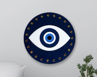 Evil Eye Wall Hanging Art - Modern Judaica Housewarming Gift Glossy Acrylic with Gold Mirror pieces - Custom made Assembled by Hand