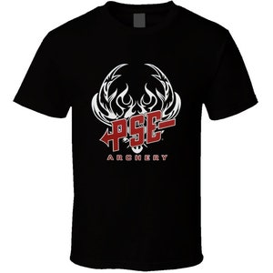 May include: Black t-shirt featuring a white and red logo that reads "PSE Archery". The logo depicts a stylised deer head with flames.