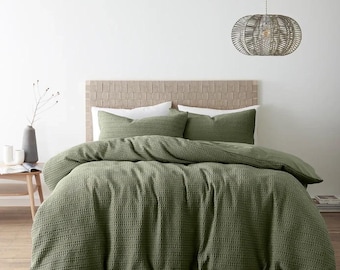 Sage / olive waffle soft cotton duvet cover set with bedsheet