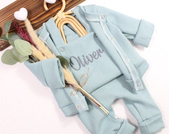 Baby romper set/dungarees with cardigan baby/dungarees with name/gift for baby birth/baptism/waffle knit/baby dungarees personalized