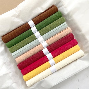 May include: A collection of rolled crepe paper in various colors, including brown, green, and red, secured with white bands. The paper is arranged on a white, textured surface, suggesting a craft or art supply.