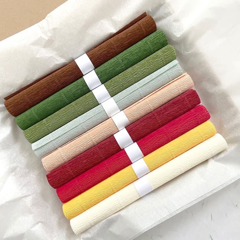 May include: A collection of rolled crepe paper in various colors, including brown, green, and red, secured with white bands. The paper is arranged on a white, textured surface, suggesting a craft or art supply.