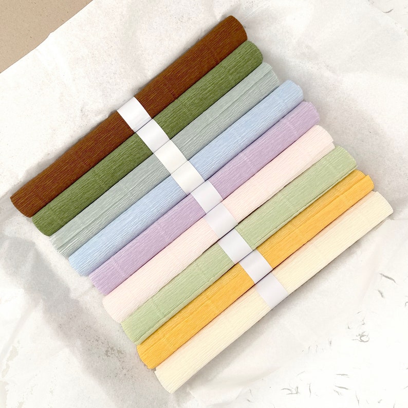 May include: A collection of rolled crepe paper in various pastel colors, including brown, green, blue, lavender, cream, and yellow. Each roll is secured with a white paper band. The paper is arranged on a white, textured surface.