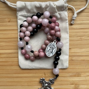 Our Lady Undoer of Knots Rosary in pink opal, rhodonite, black Jasper and Rose Quartz