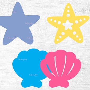 May include: Four cutout shapes of sea life: a blue starfish, a yellow starfish, a blue seashell, and a pink seashell.