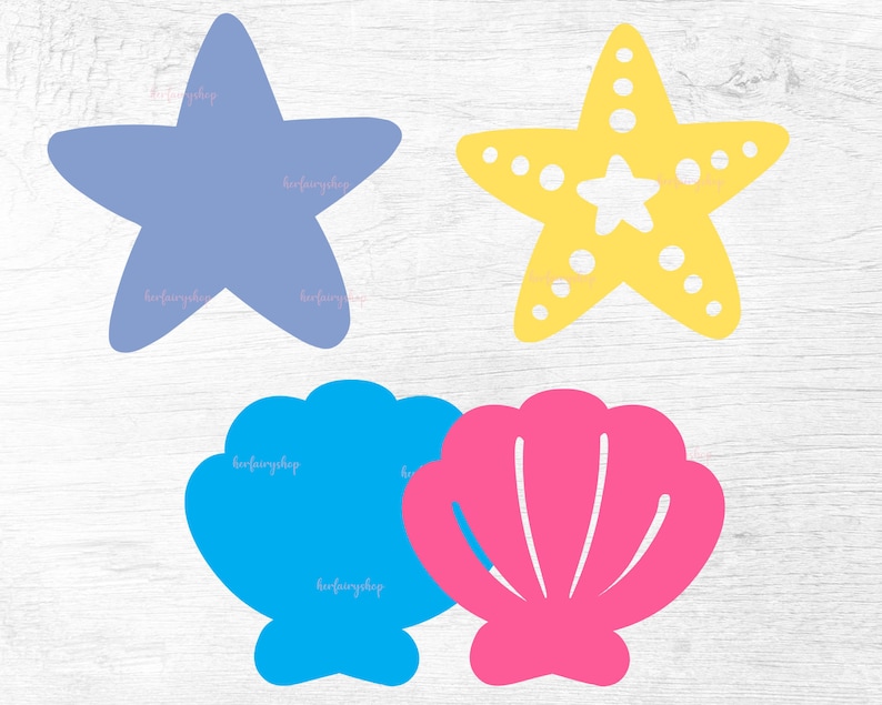 May include: Four cutout shapes of sea life: a blue starfish, a yellow starfish, a blue seashell, and a pink seashell.