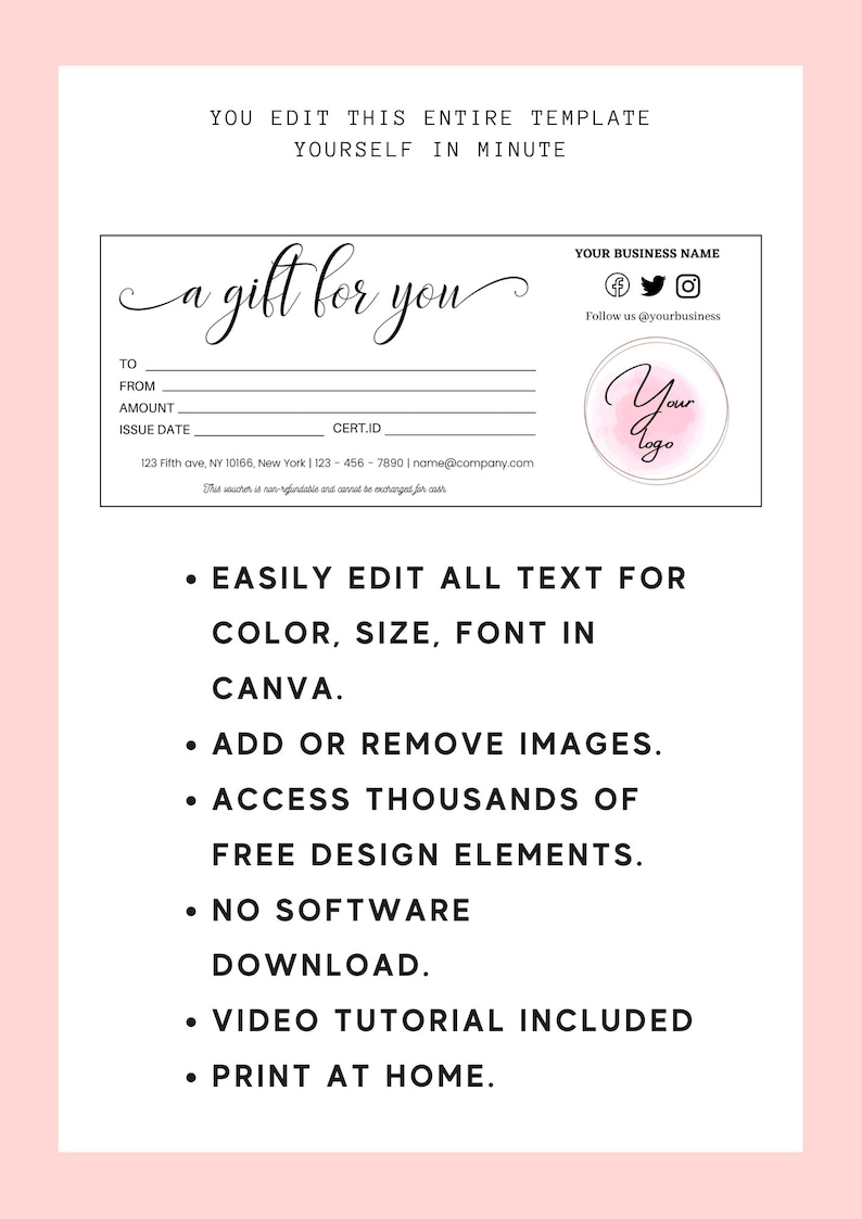 ADD LOGO, Editable Gift Voucher, Gift Card Template, Shop Voucher, DIY ...