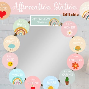 Bearbeitbare Affirmation Station Spiegel Display für Kinder, Kleinkinder, Positive Affirmation Vorlage, druckbare Ermutigungskarten Boho Regenbogen