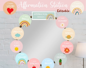 Editable Affirmation Station Mirror Display for Kids, Toddlers, Positive Affirmation Template, Printable Encouragement Cards Boho Rainbow