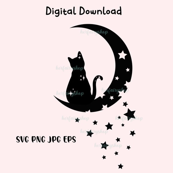 Moon Cat SVG, Cat SVG Files for Silhouette Cameo & Cricut.Moon Star Animal,Luna Cat Silhouette SVG, Cat With Star, Magical Cat Clipart