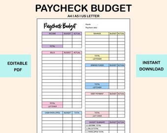 May include: A printable budget planner in A4 or A5 size, with sections for income, bills, savings, sinking funds, debt payments, and cash envelopes. The planner has a light pink, light blue, and yellow color scheme.