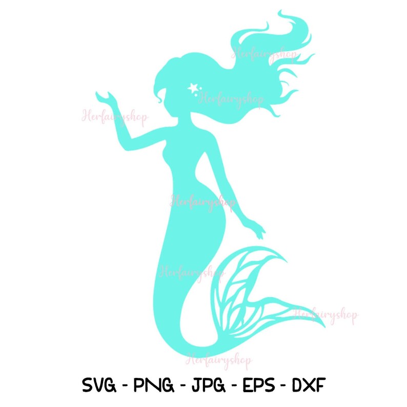 May include: A turquoise blue mermaid silhouette with flowing hair and a detailed tail fin. The mermaid is facing to the right and has a star on her forehead.