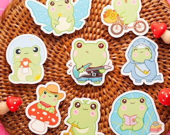 Frog sticker pack set 8, cute frog stickers, laptop stickers, Kawaii frog, space frog, mushroom frog, cowboy frog, rockstar, cute stickers